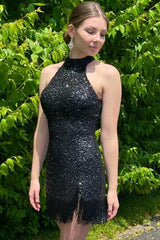 Dressystars Fuchsia Homecoming Dress Halter Sequin Tight Prom Dress with Fringes