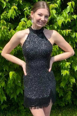 Dressystars Fuchsia Homecoming Dress Halter Sequin Tight Prom Dress with Fringes