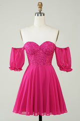 Dressystars Fuchsia Homecoming Dress Lace-Up Back A-Line Short Prom Dress with Lace