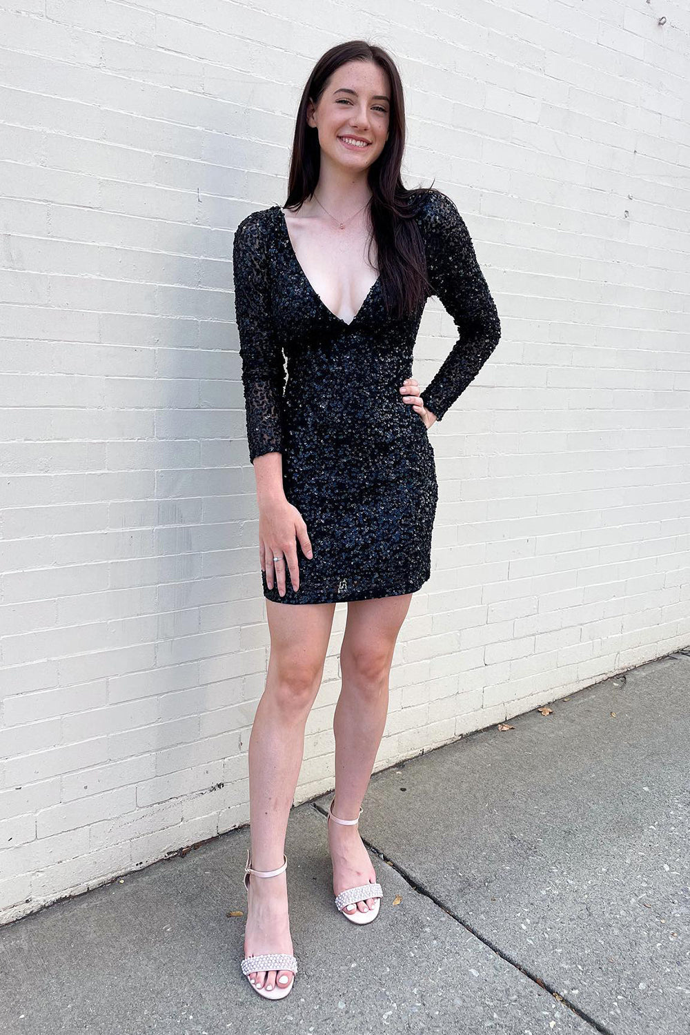 Dressystars Fuchsia Homecoming Dress Long Sleeves Tight Short Sequin Prom Dress