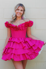 Dressystars Fuchsia Homecoming Dress Off The Shoulder Corset Short Prom Dress With Ruffles