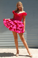 Dressystars Fuchsia Homecoming Dress Off The Shoulder Corset Short Prom Dress With Ruffles