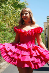 Dressystars Fuchsia Homecoming Dress Off The Shoulder Corset Short Prom Dress With Ruffles