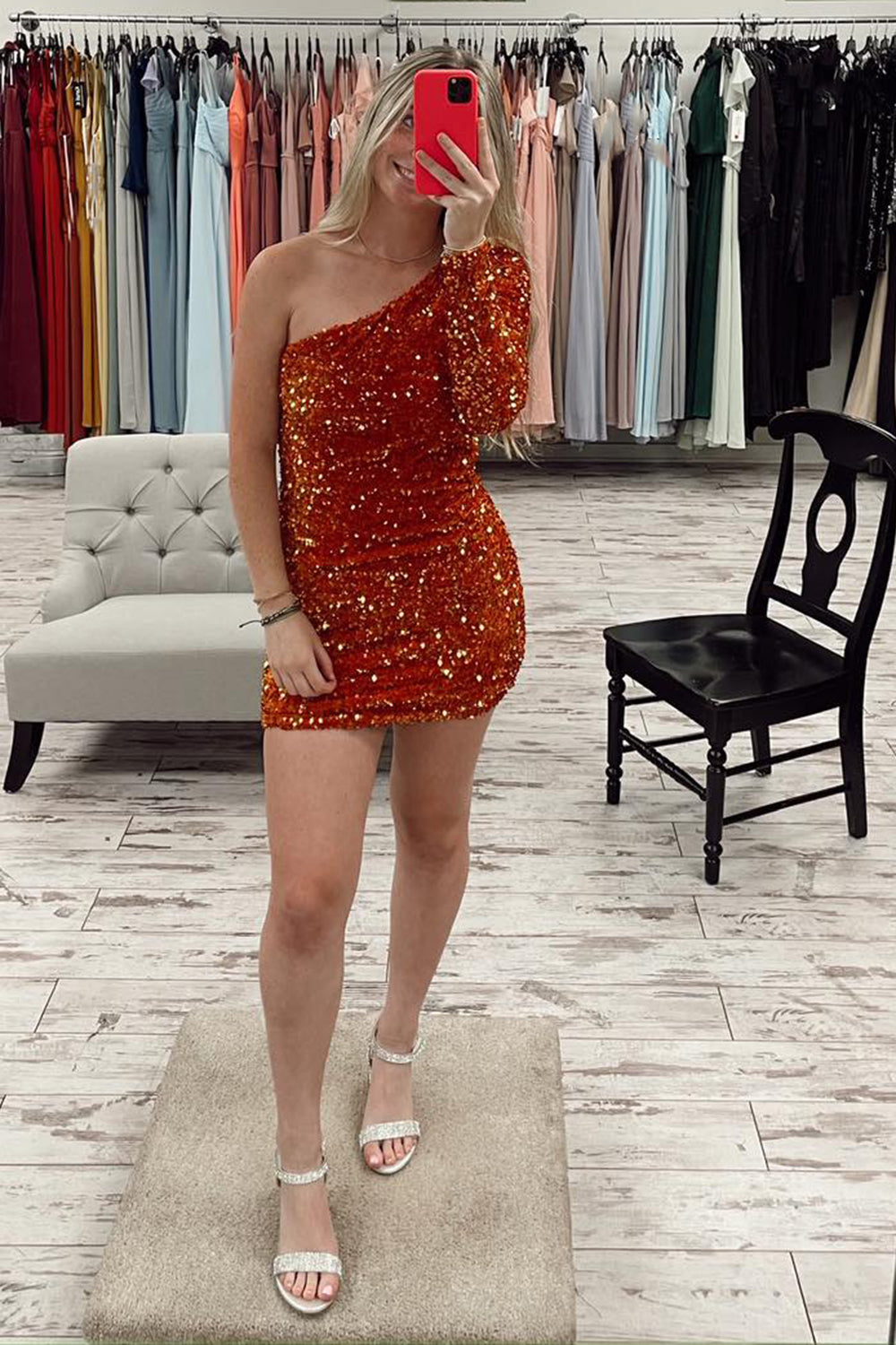 Dressystars Fuchsia Homecoming Dress One Shoulder One Sleeves Tight Short Sequin Prom Dress