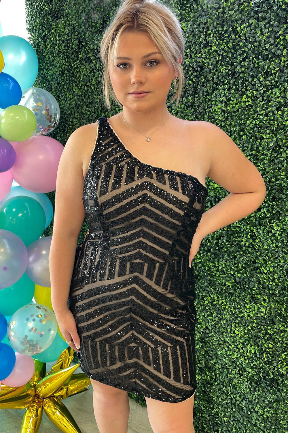 Dressystars Fuchsia Homecoming Dress One Shoulder Sequin Tight Short Prom Dress