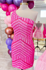 Dressystars Fuchsia Homecoming Dress One Shoulder Sequin Tight Short Prom Dress