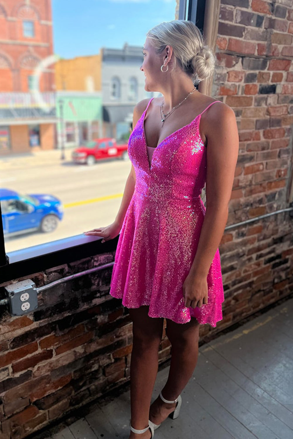Dressystars Fuchsia Homecoming Dress Sequin A Line Short Prom Dress