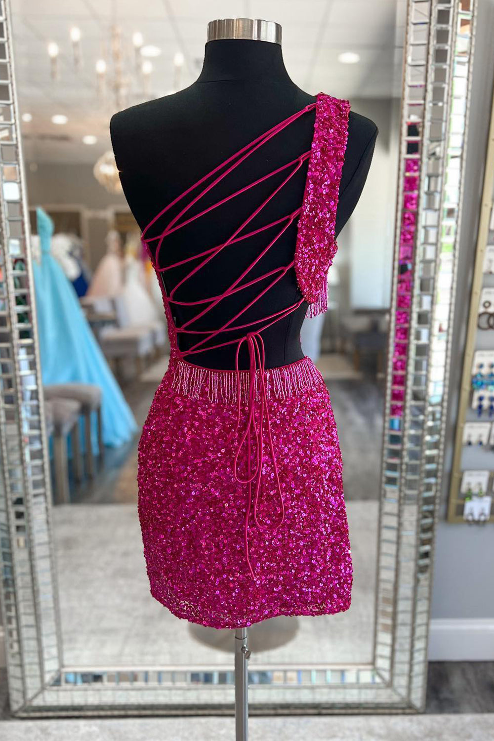 Dressystars Fuchsia Homecoming Dress Sequin Fringed Cut Out Tight Short Prom Dress
