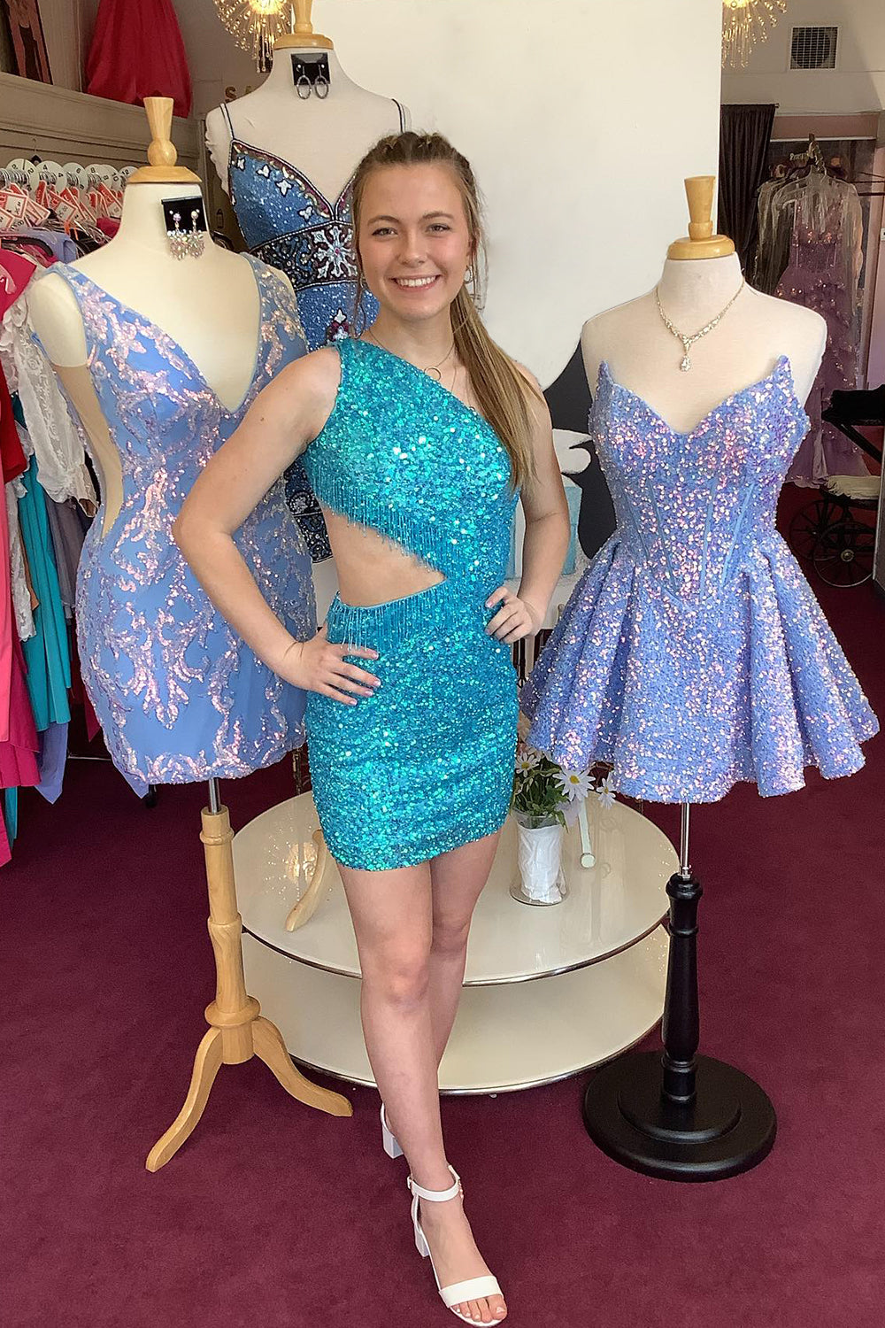 Dressystars Fuchsia Homecoming Dress Sequin Fringed Cut Out Tight Short Prom Dress