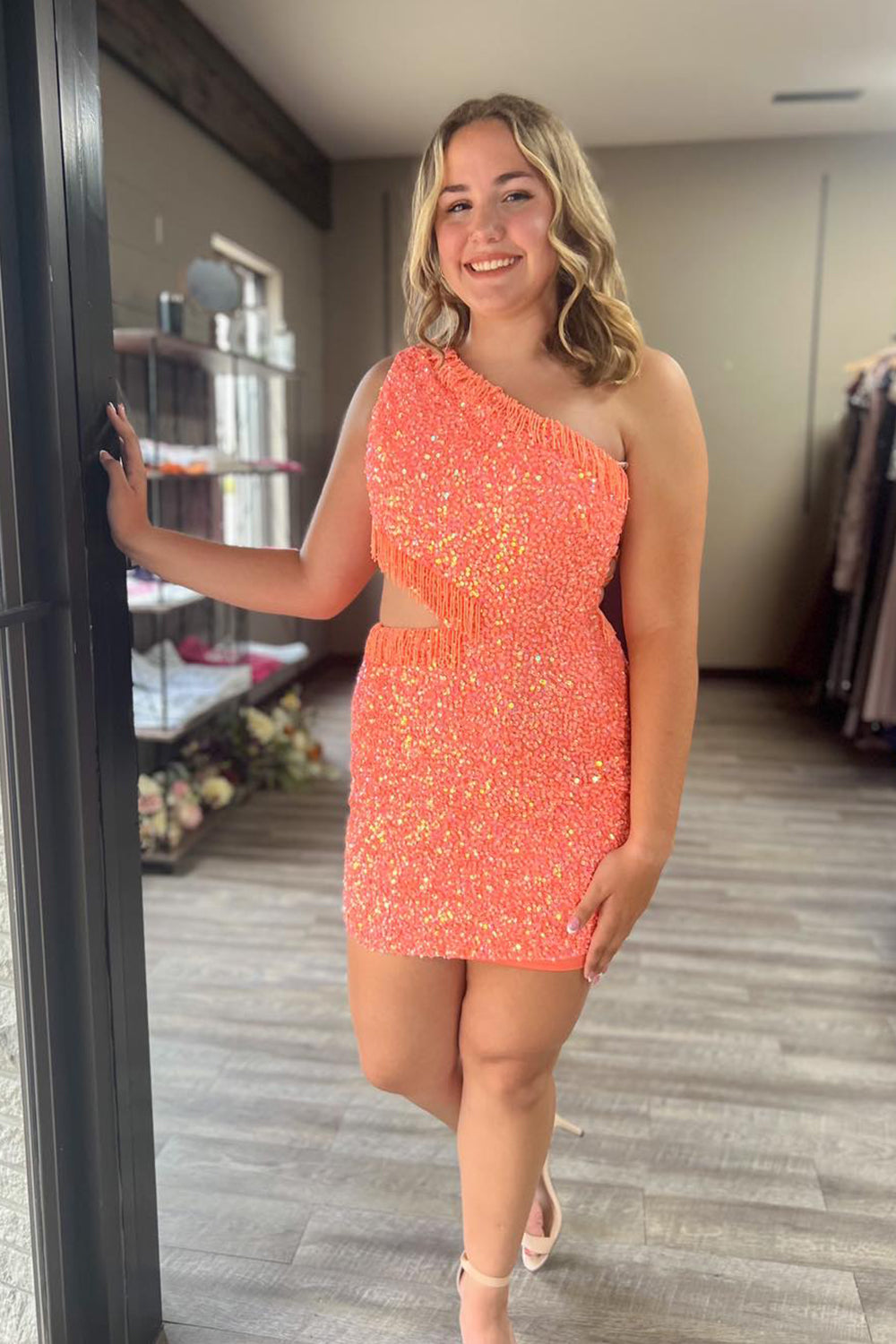 Dressystars Fuchsia Homecoming Dress Sequin Fringed Cut Out Tight Short Prom Dress