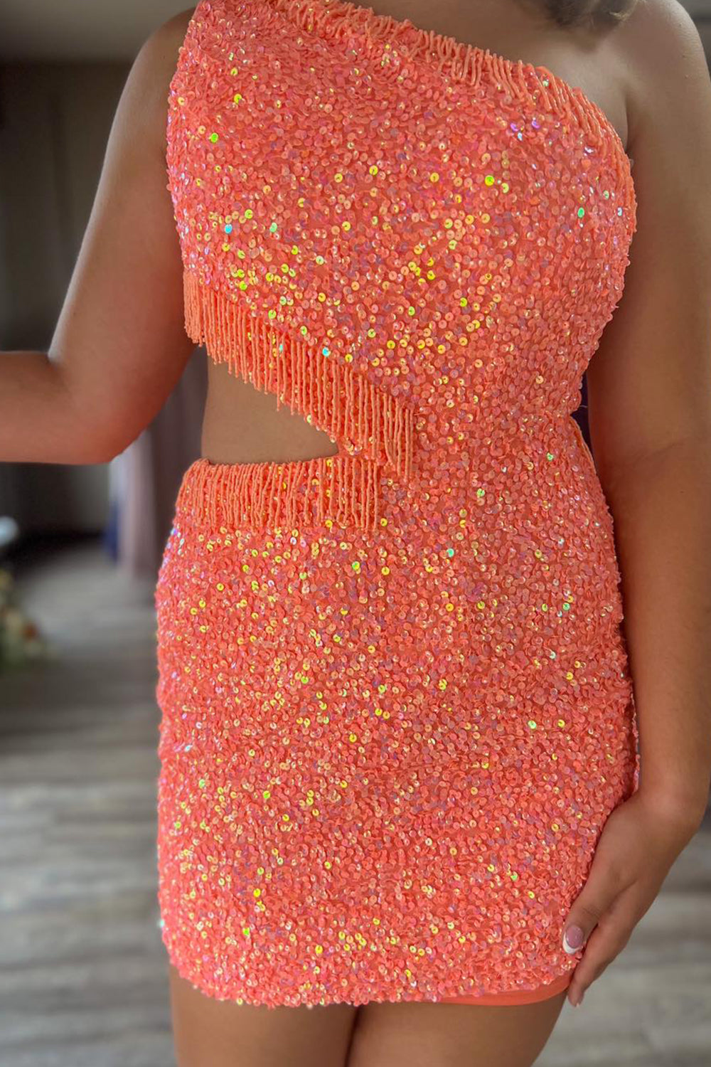 Dressystars Fuchsia Homecoming Dress Sequin Fringed Cut Out Tight Short Prom Dress