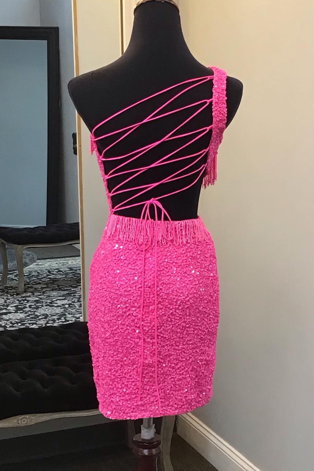 Dressystars Fuchsia Homecoming Dress Sequin Fringed Cut Out Tight Short Prom Dress