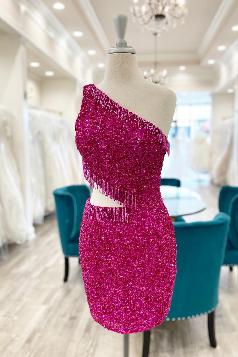 Dressystars Fuchsia Homecoming Dress Sequin Fringed Cut Out Tight Short Prom Dress