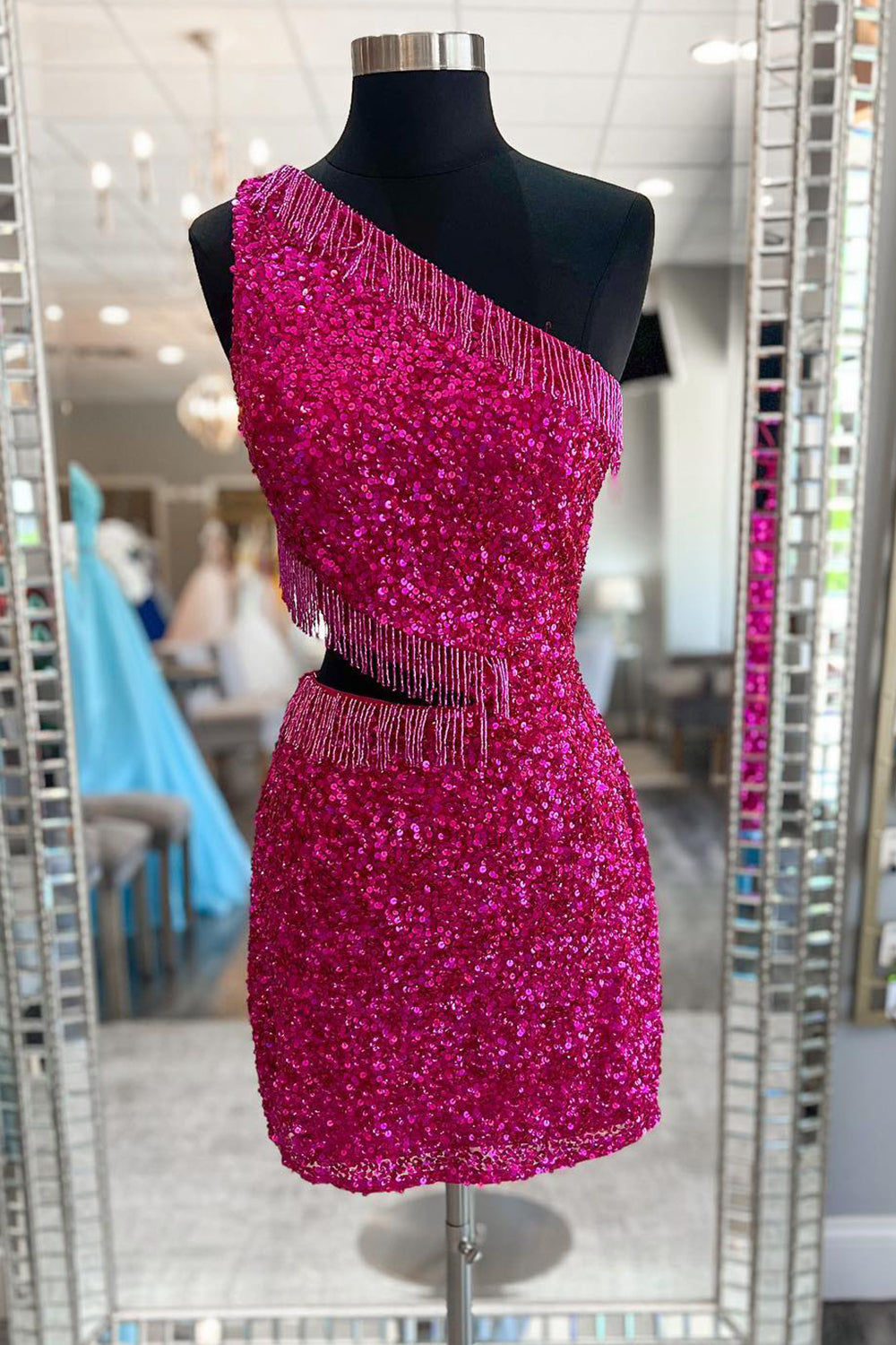 Dressystars Fuchsia Homecoming Dress Sequin Fringed Cut Out Tight Short Prom Dress