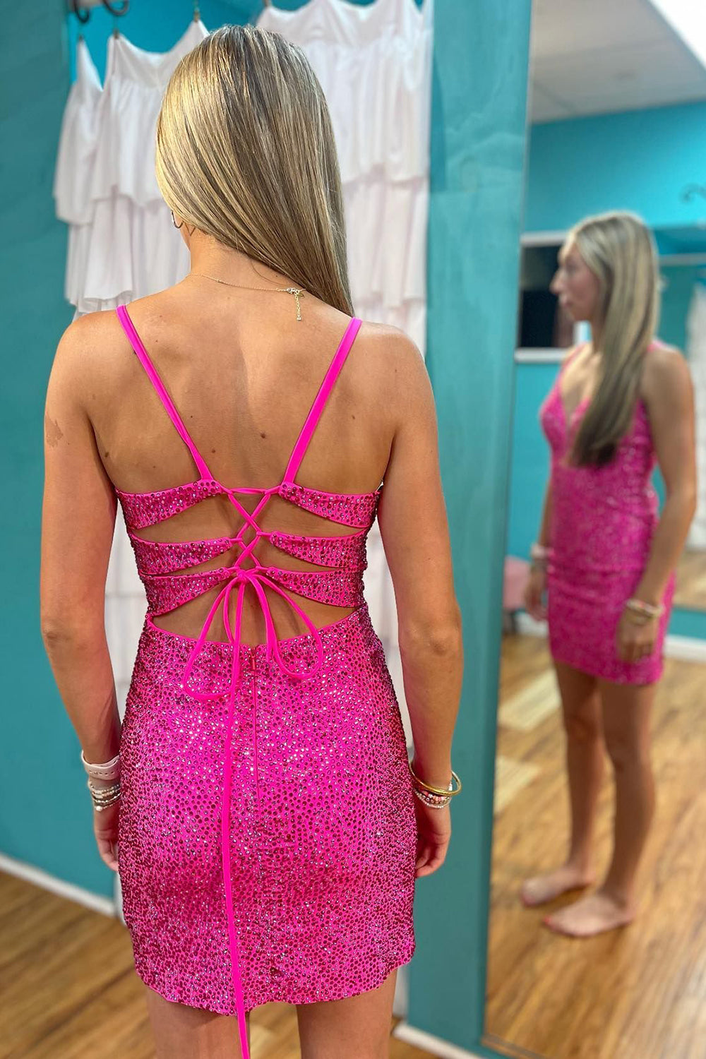 Dressystars Fuchsia Homecoming Dress Sequin Lace-Up Back Tight Short Prom Dress