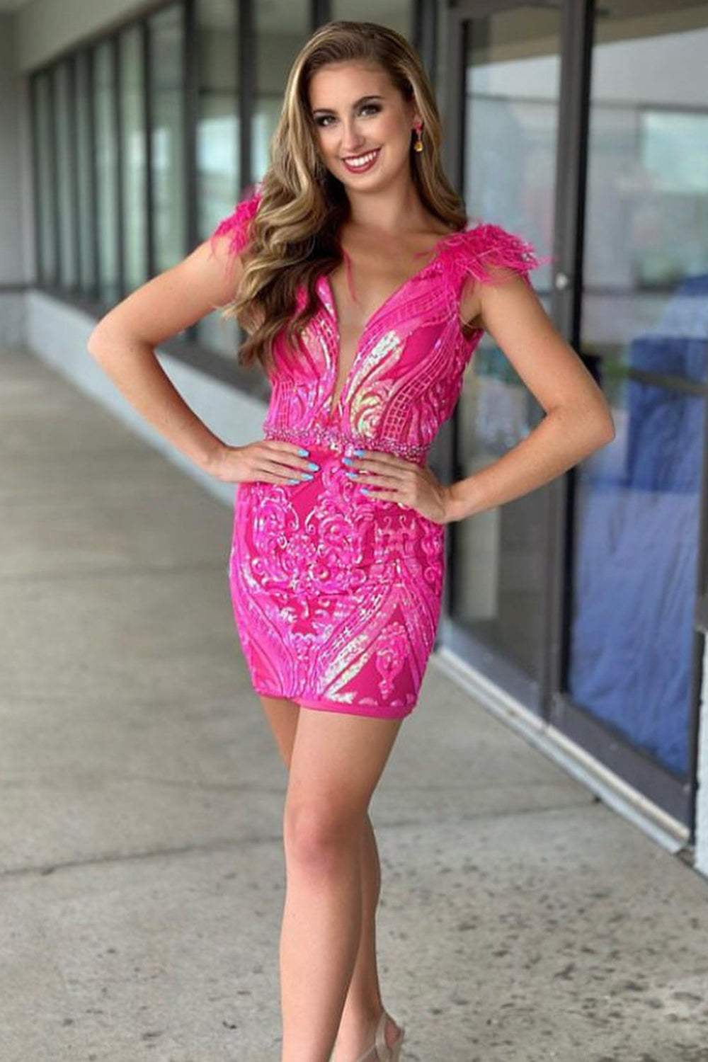 Dressystars Fuchsia Homecoming Dress Sequin Short Tight Prom Dress With Feathers