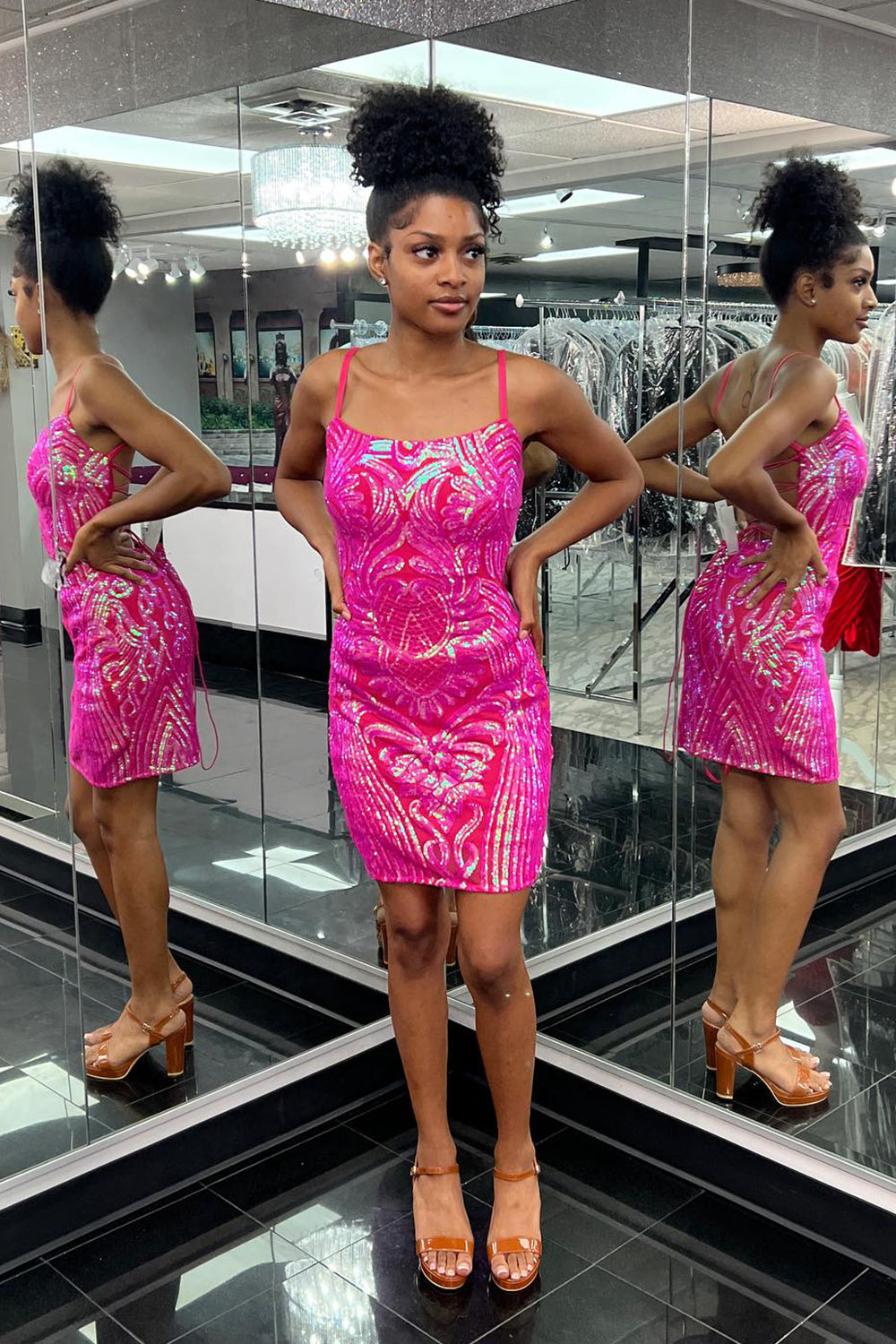 Dressystars Fuchsia Homecoming Dress Sequin Spaghetti Straps Tight Short Prom Dress