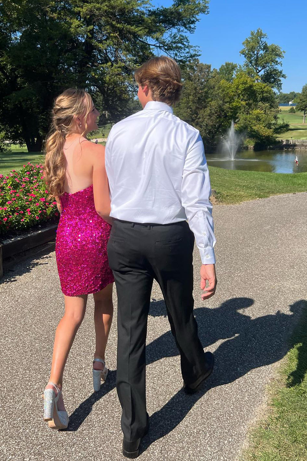 Dressystars Fuchsia Homecoming Dress Sequin Strapless Sleeveless Tight Prom Dress