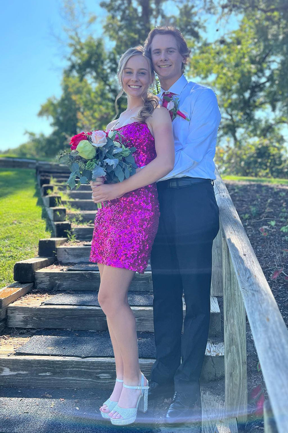 Dressystars Fuchsia Homecoming Dress Sequin Strapless Sleeveless Tight Prom Dress