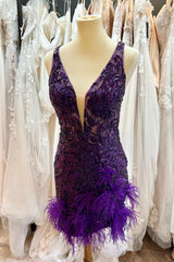 Dressystars Fuchsia Homecoming Dress Sequin Tight Short Prom Dress with Feathers