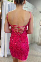 Dressystars Fuchsia Homecoming Dress Sequined Lace Tight Short Prom Dress