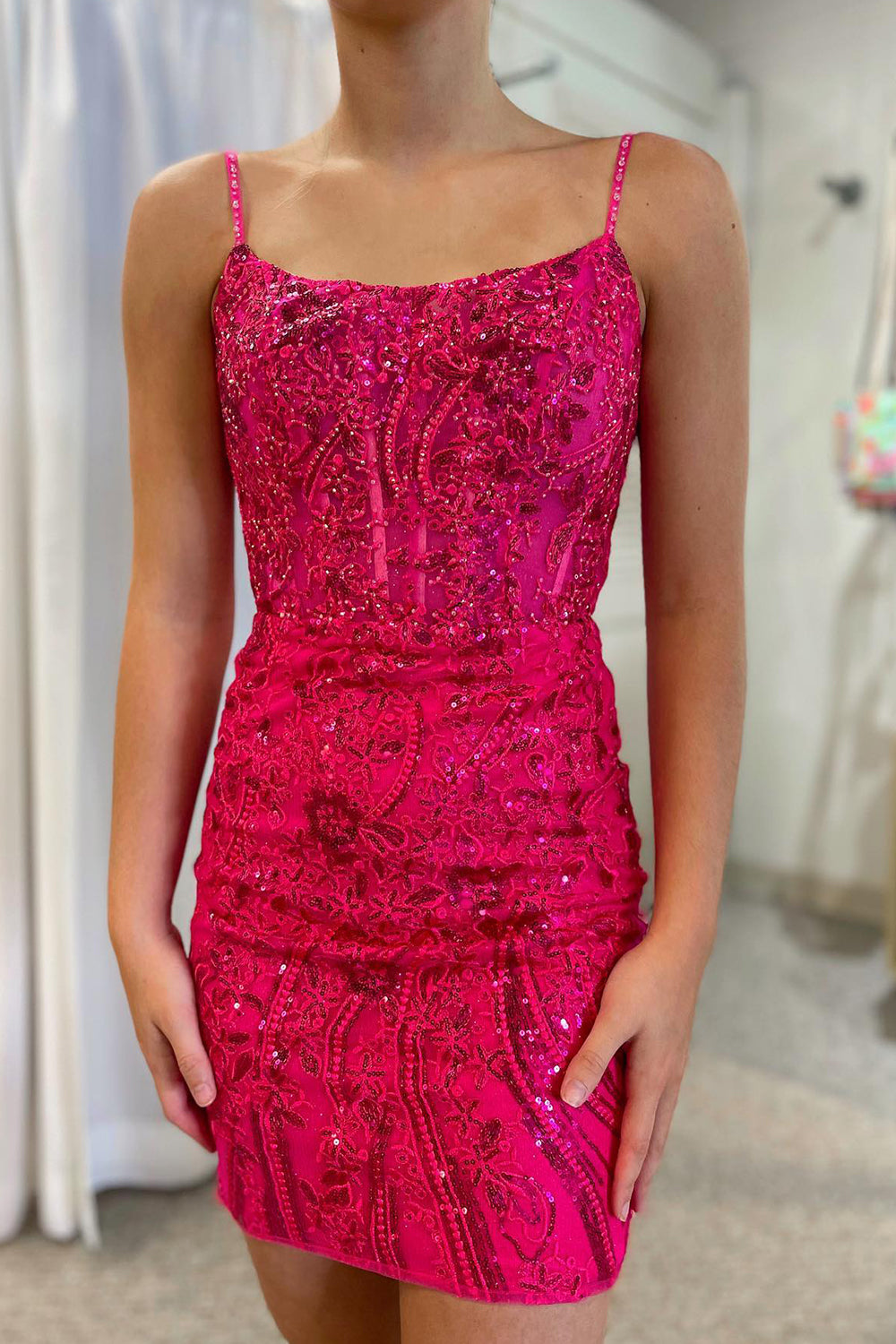 Dressystars Fuchsia Homecoming Dress Sequined Lace Tight Short Prom Dress