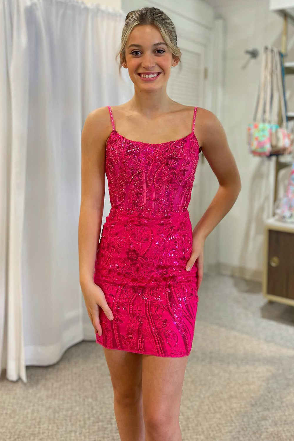 Dressystars Fuchsia Homecoming Dress Sequined Lace Tight Short Prom Dress