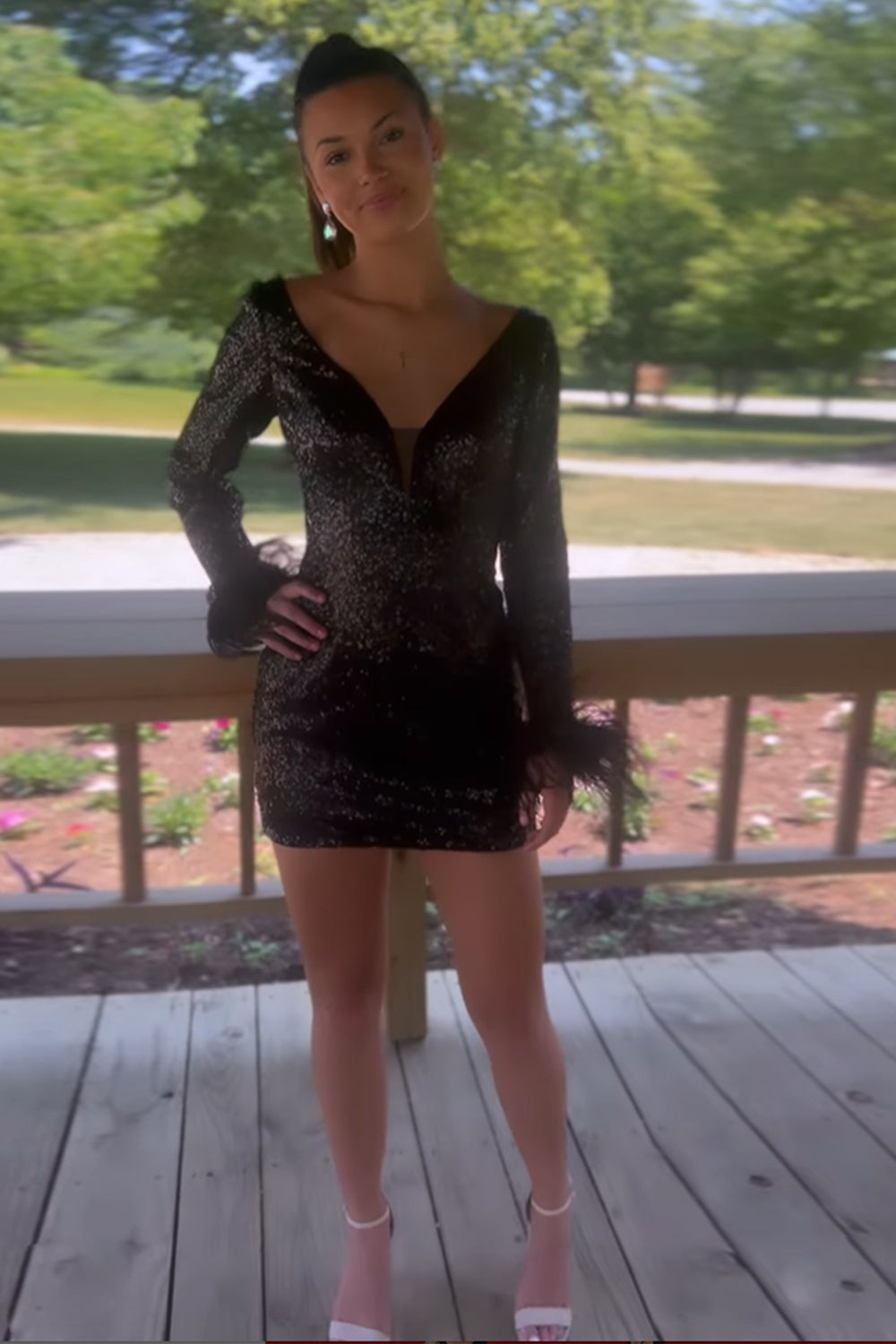 Dressystars Fuchsia Homecoming Dress Sequined Long Sleeves Tight Short Prom Dress with Feathers