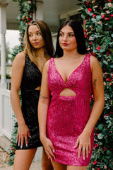 Dressystars Fuchsia Homecoming Dress Sequined Tight Short Prom Dress with Fringes