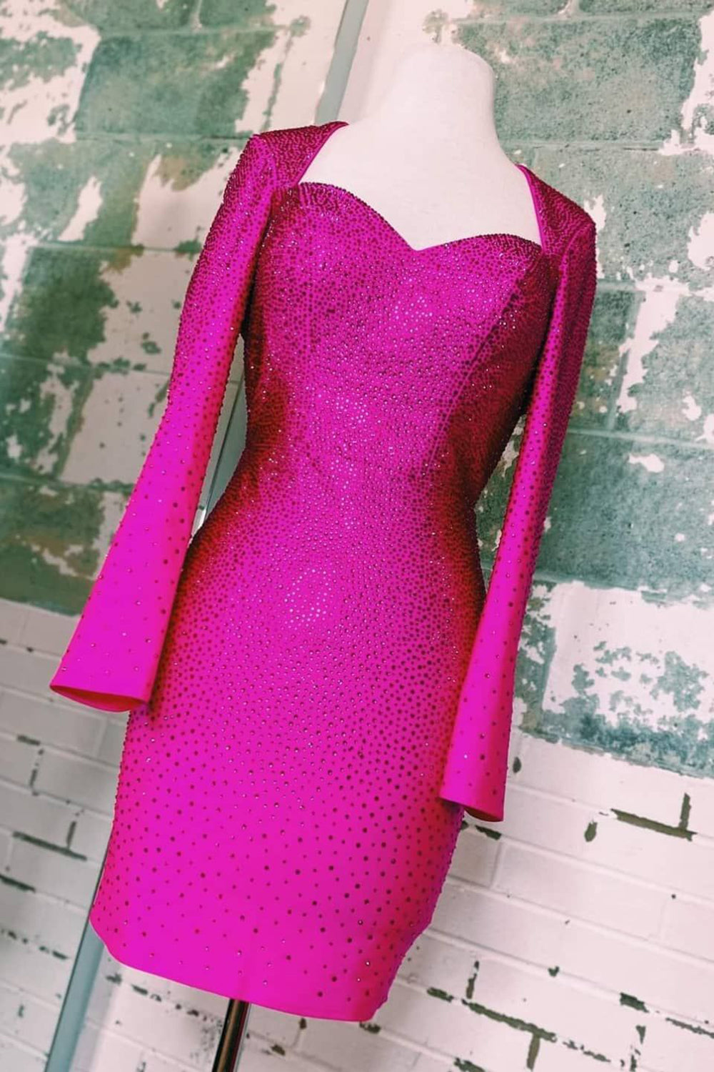 Dressystars Fuchsia Homecoming Dress Sequined Tight Short Prom Dress with Sleeves