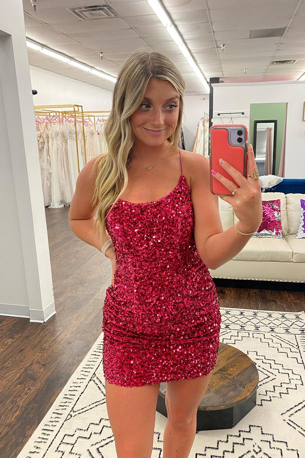 Dressystars Fuchsia Homecoming Dress Sleeveless Sequin Tight Short Prom Dress