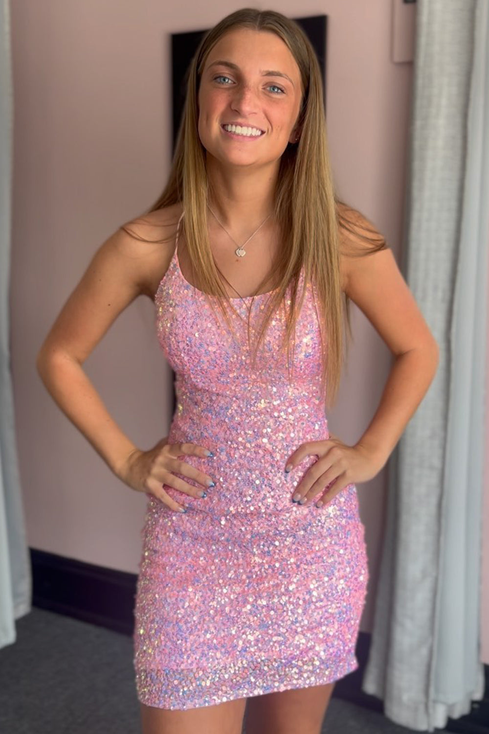 Dressystars Fuchsia Homecoming Dress Sleeveless Sequin Tight Short Prom Dress