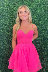 Dressystars Fuchsia Homecoming Dress Spaghetti Straps Corset A-Line Short Tulle Prom Dress