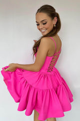 Dressystars Fuchsia Homecoming Dress Spaghetti Straps Lace-Up Back A-Line Short Satin Prom Dress