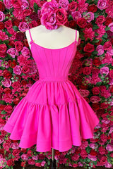Dressystars Fuchsia Homecoming Dress Spaghetti Straps Lace-Up Back A-Line Short Satin Prom Dress