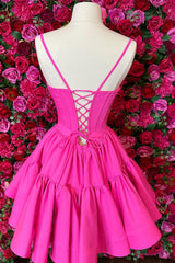 Dressystars Fuchsia Homecoming Dress Spaghetti Straps Lace-Up Back A-Line Short Satin Prom Dress