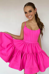Dressystars Fuchsia Homecoming Dress Spaghetti Straps Lace-Up Back A-Line Short Satin Prom Dress