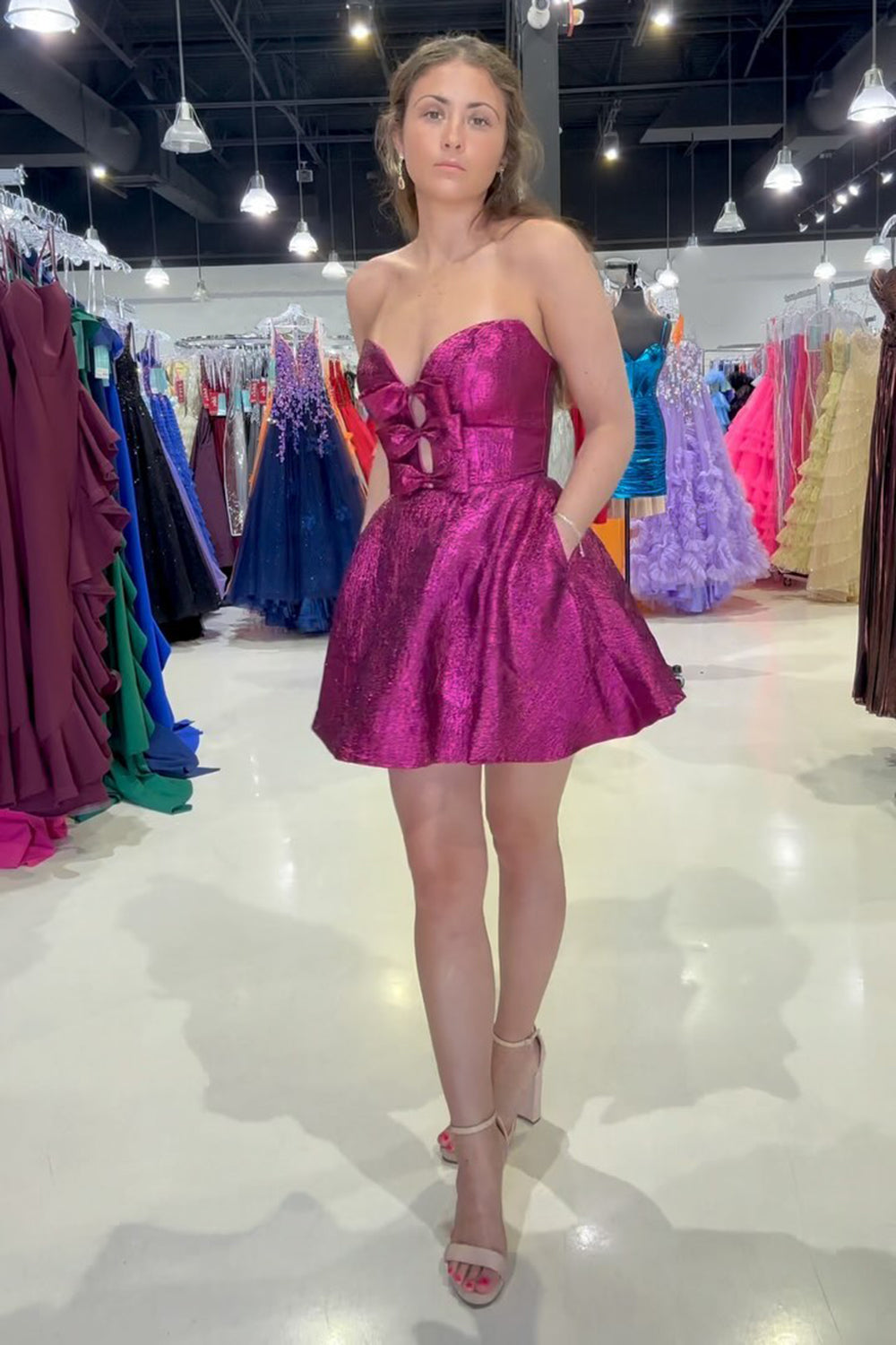 Dressystars Fuchsia Homecoming Dress Strapless A Line Short Prom Dress with Pockets
