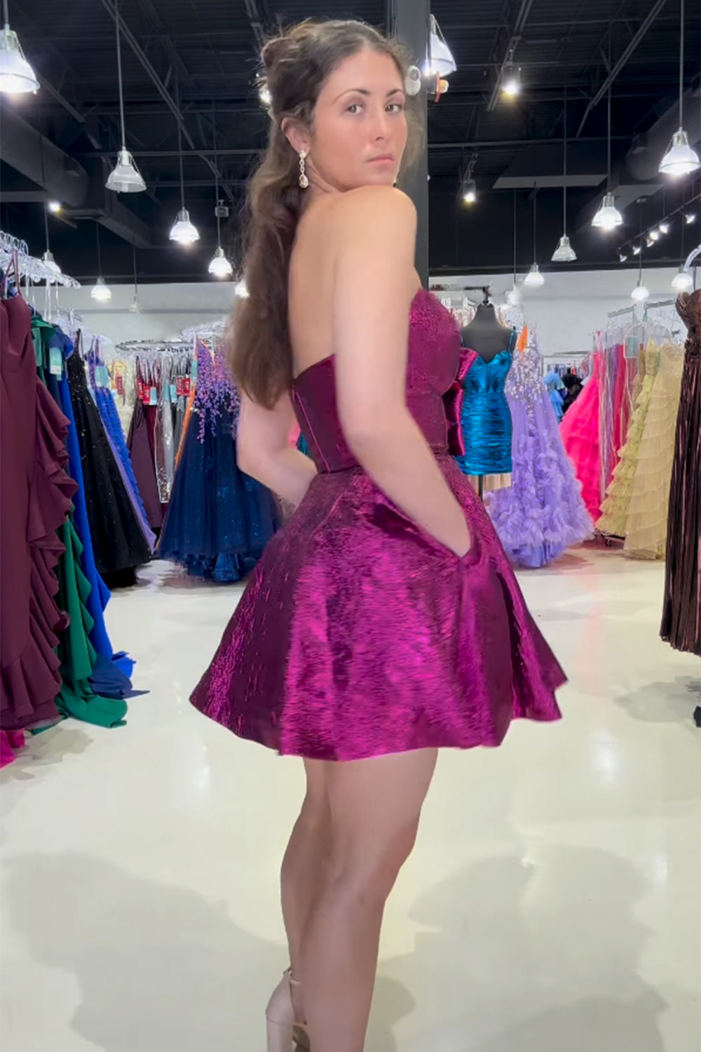 Dressystars Fuchsia Homecoming Dress Strapless A Line Short Prom Dress with Pockets