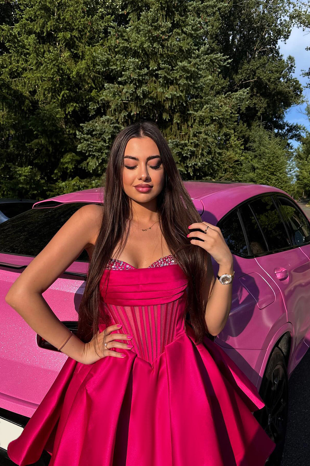 Dressystars Fuchsia Homecoming Dress Strapless Corset Beaded Tight Short Prom Dress