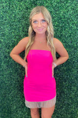 Dressystars Fuchsia Homecoming Dress Strapless Fringed Tight Short Prom Dress