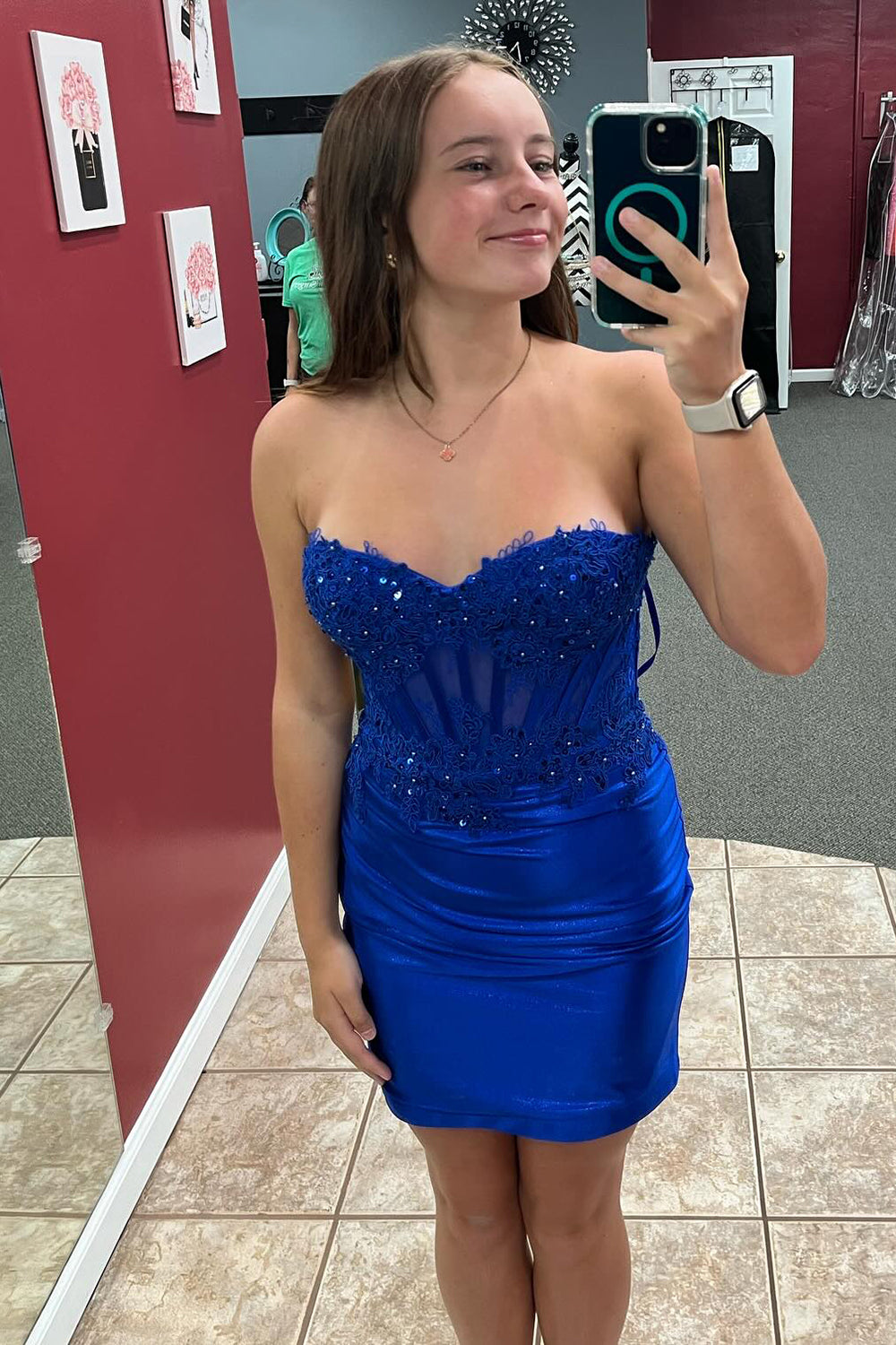 Dressystars Fuchsia Homecoming Dress Strapless Tight Corset Short Prom Dress with Lace