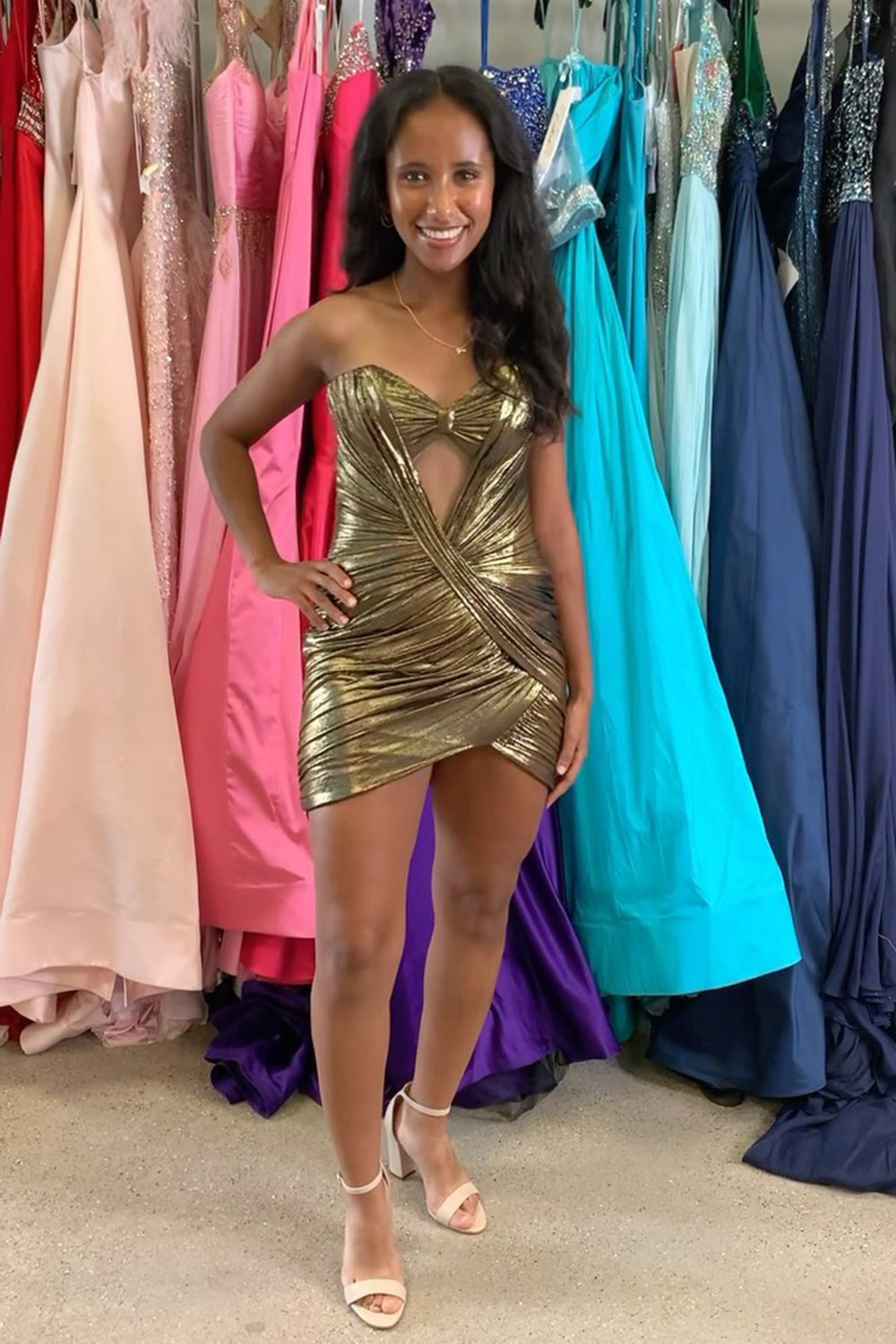 Dressystars Fuchsia Homecoming Dress Strapless Tight Metallic Short Prom Dress with Keyhole