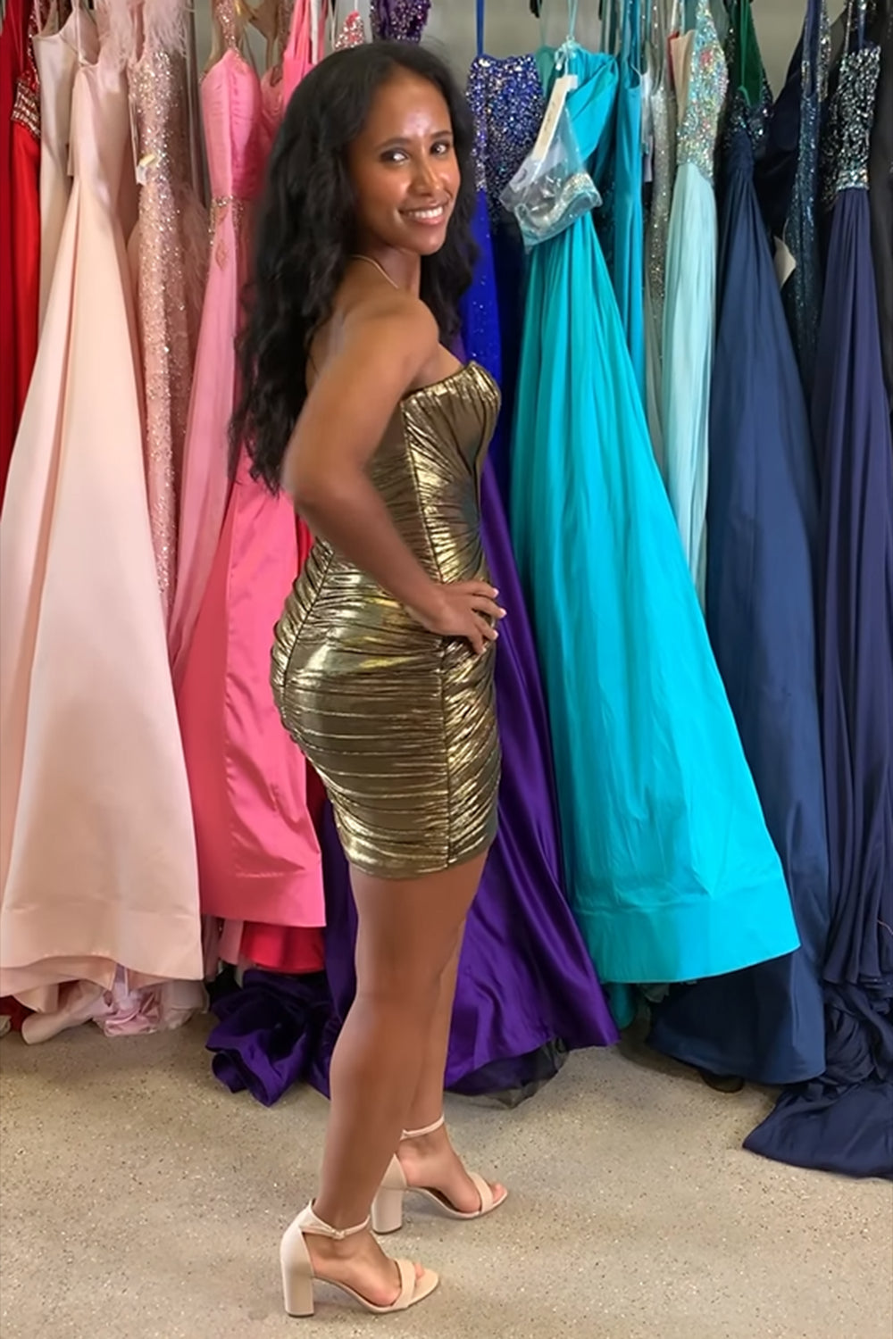Dressystars Fuchsia Homecoming Dress Strapless Tight Metallic Short Prom Dress with Keyhole