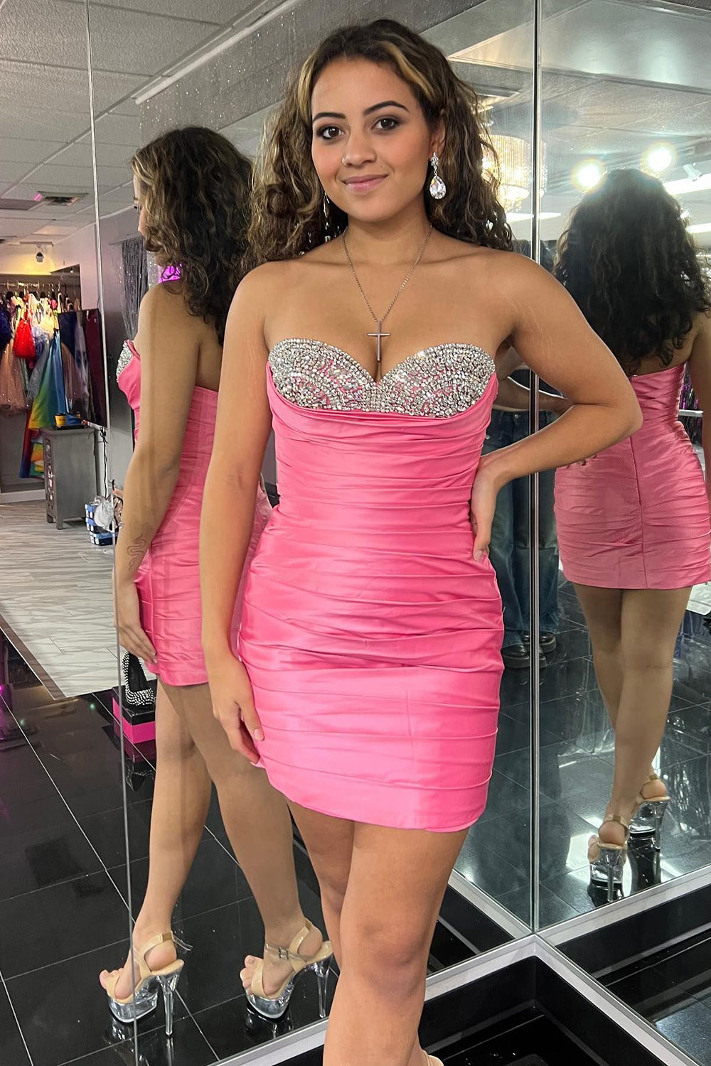 Dressystars Fuchsia Homecoming Dress Sweetheart Beaded Tight Prom Dress