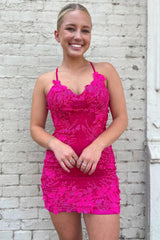 Dressystars Fuchsia Homecoming Dress Tight Short Prom Dress with Appliques