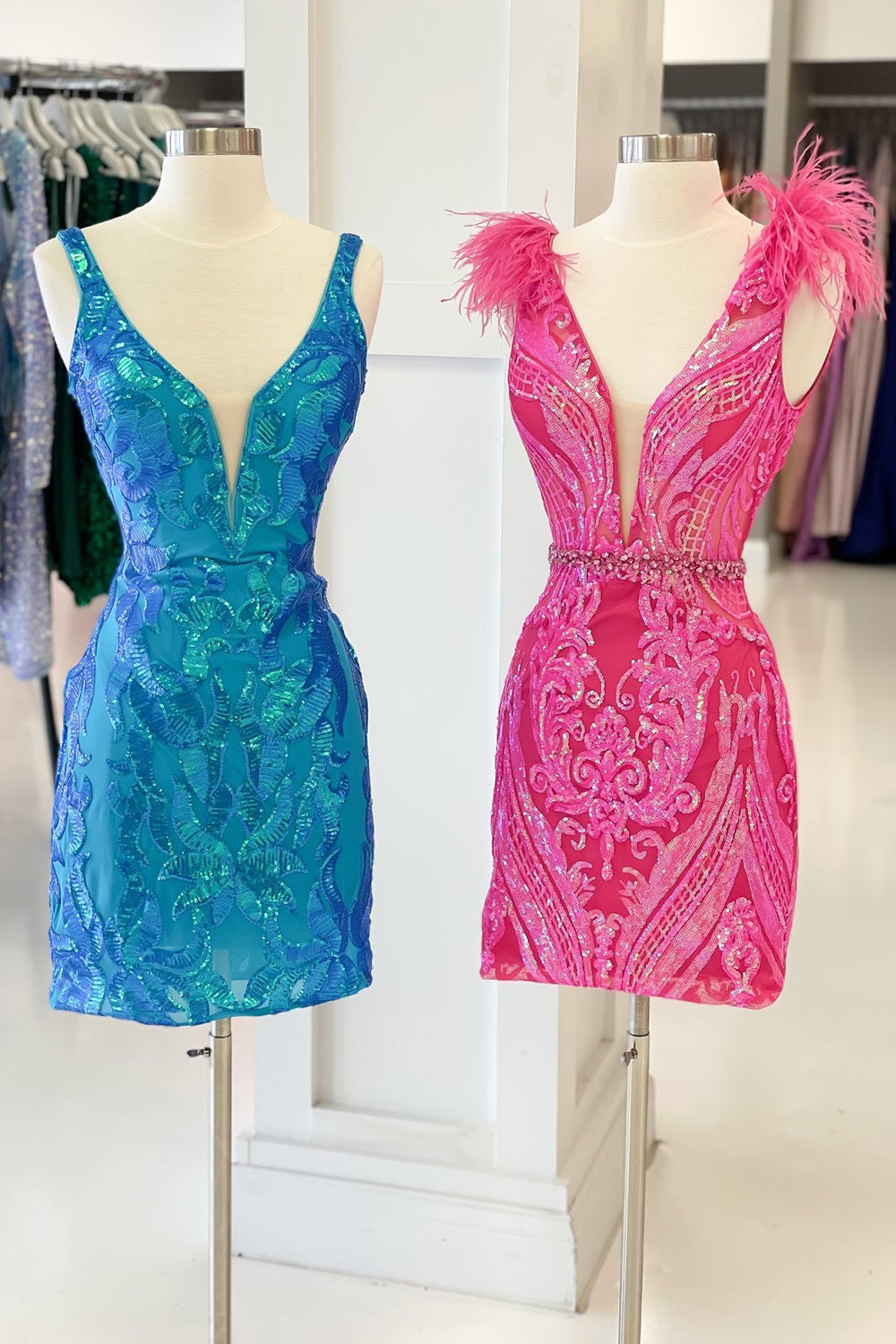 Dressystars Fuchsia Homecoming Dress V-Neck Sequin Tight Short Prom Dress