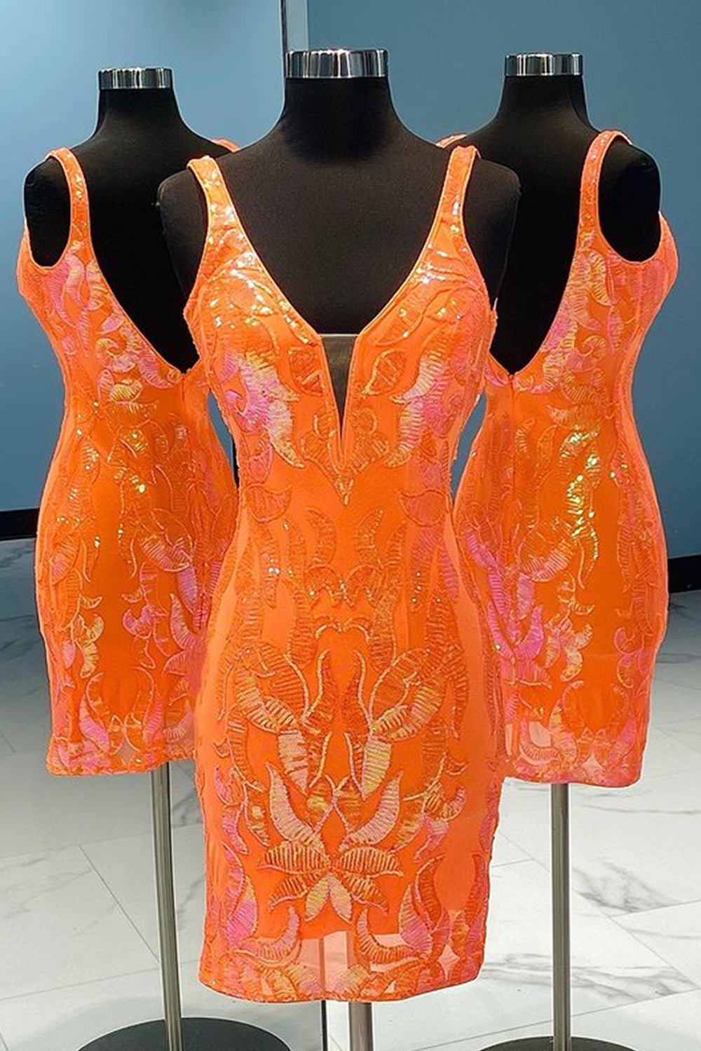 Dressystars Fuchsia Homecoming Dress V-Neck Sequin Tight Short Prom Dress