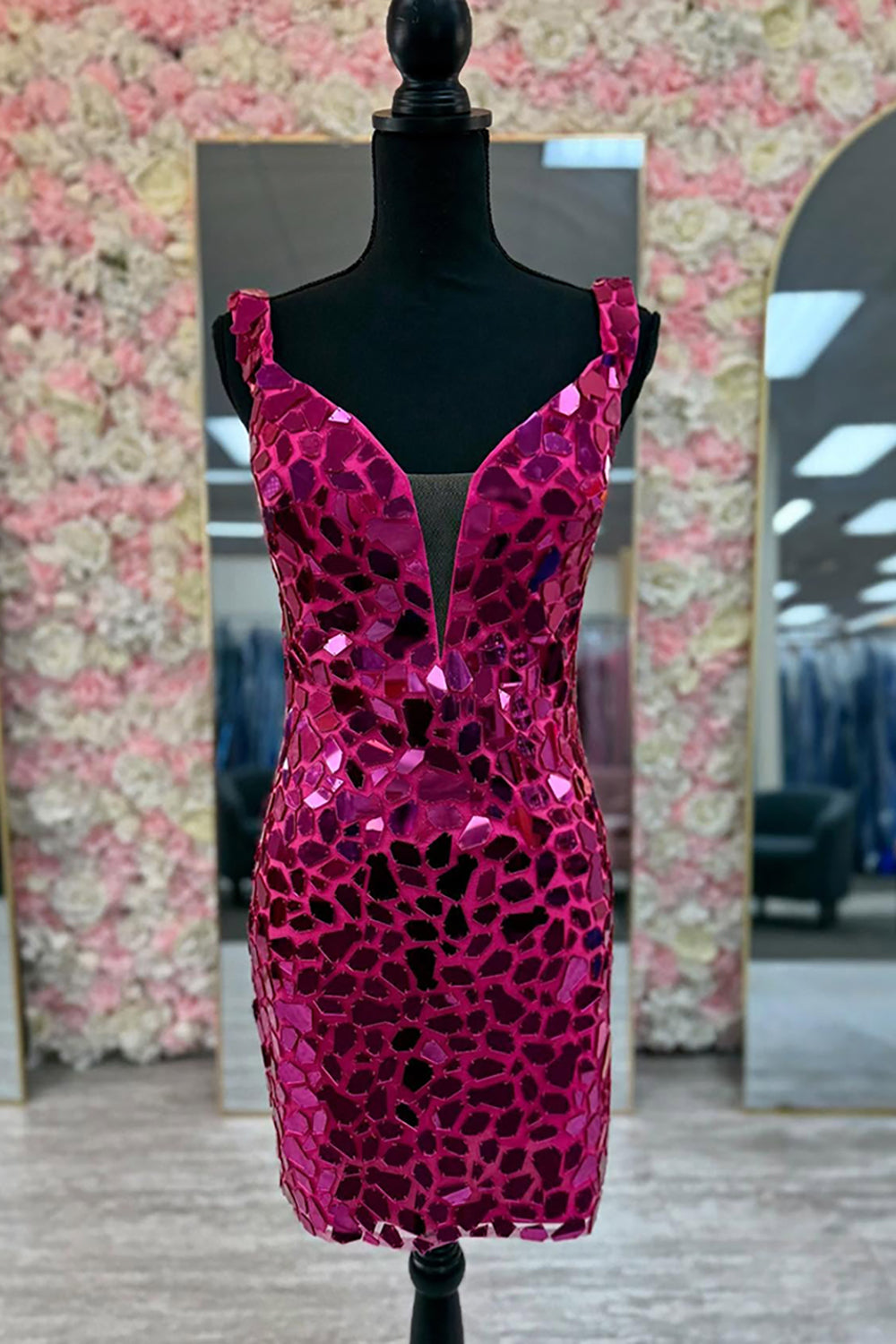 Dressystars Fuchsia Mirror V-Neck Tight Homecoming Dresses Short Cocktail Dresses