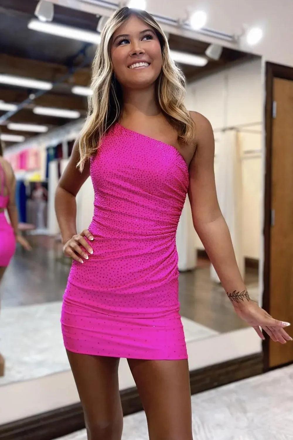 Dressystars Fuchsia One Shoulder Sheath/Column Short Homecoming Dress with Beadings